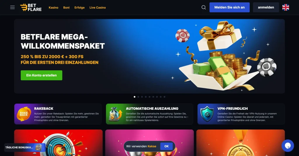 BetFlare Casino Startseite und Willkommensbonus