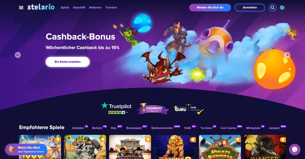 Stelario Casino Startseite und Willkommensbonus